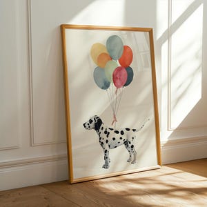 風船に乗せられた犬のアートプリント - クールな子犬の肖像画の印刷可能なアート、保育園のためのかわいい動物の壁飾り、デジタルダウンロード