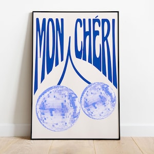 Mon Cherry Disco Ball Poster - Blaue ästhetische Wanddekoration, Preppy Y2K Girly Funky Poster, stilvolle Wohnheim Raumkunst, digitaler Download