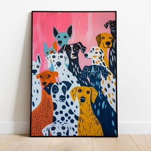 カラフルなダルメシアン犬のアートプリント - 面白い子犬のポートレート、モダンなペットポスター、子供部屋、保育園の動物の壁飾り