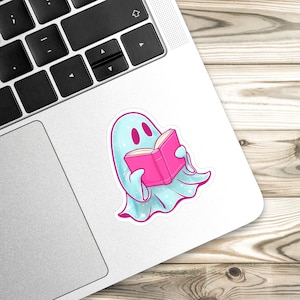 Cute Reading Ghost Sticker, Bookish Ghost with Book Sticker, Spooky Ghost Sticker, Bookish Ghost Kindle Sticker, Halloween Laptop Sticker