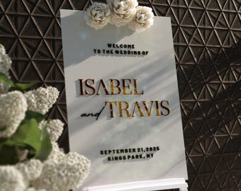 Modern Acrylic Wedding Welcome Sign: 3D Mirror Names, Custom Elegant Decor