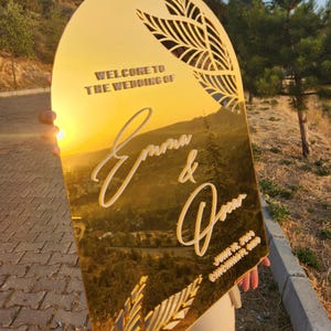 Letrero de bienvenida para boda con letras 3D con espejo dorado, letreros de bienvenida únicos, decoración de boda personalizable, letrero conmemorativo para novios, espejo de arco bohemio