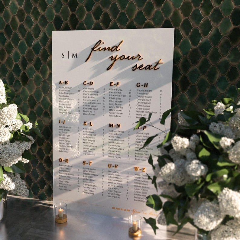 Acrylic Alphabetical Seating Chart, Wedding Seating Plan, 3D Lettering ...