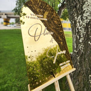 Gold Mirror Welcome Sign, Wedding Reception Signage, Personalized Welcome Sign, Arched Wedding Decor