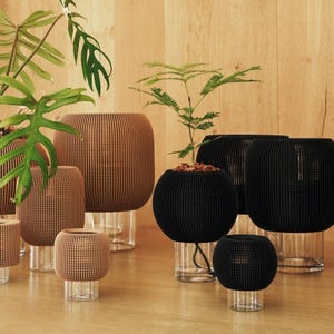 May include: A set of six modern planters in two colors, brown and black. The planters are made of a woven material and have a cylindrical shape. The planters are arranged in a row on a wooden floor.