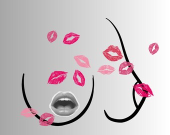 May include: Abstract art print featuring a stylized face with a grayscale open mouth and black outlines. Scattered around are various shades of pink lipstick kiss marks against a gradient gray background.