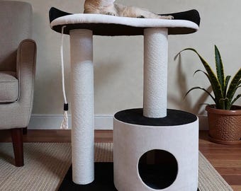 Kattenkrabtoren met groot huis en bed, zwartgrijze binnenkrabpaal, handgemaakt kattenappartement met jute touw en stabiele basis