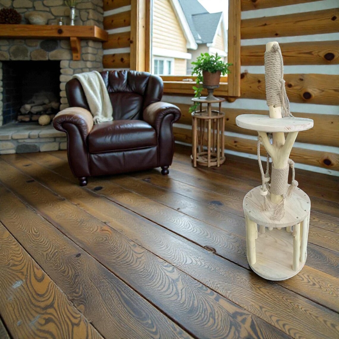 Wooden Cat Scratching Post With House Rustic Cat Tree Farmhouse Cat ...