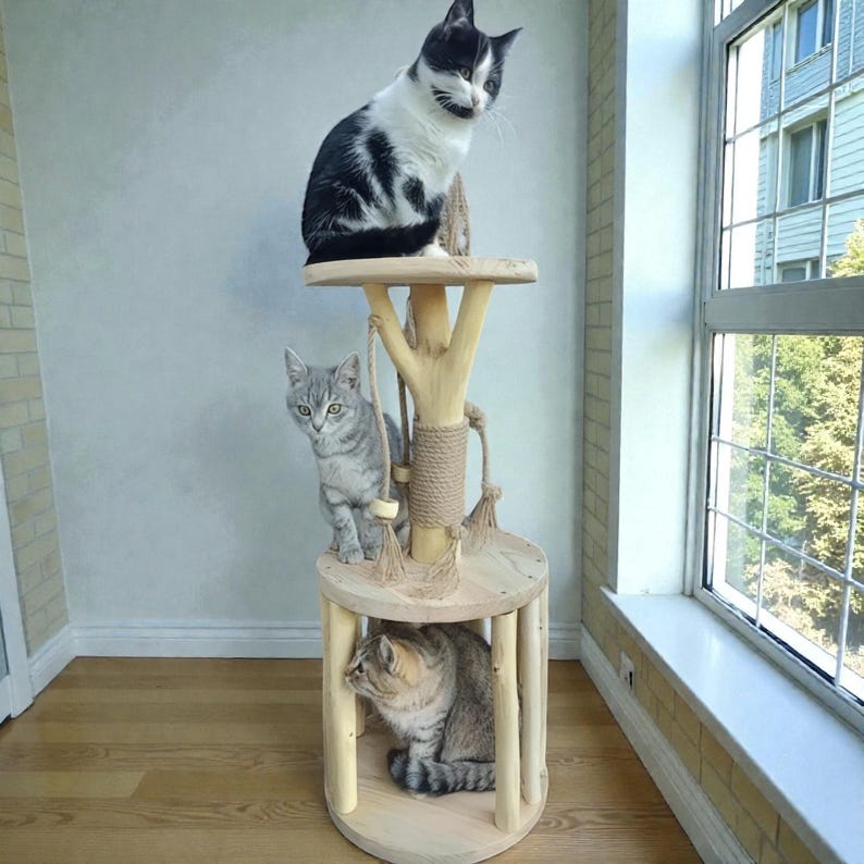 Wooden Cat Scratching Post With House Rustic Cat Tree Farmhouse Cat ...