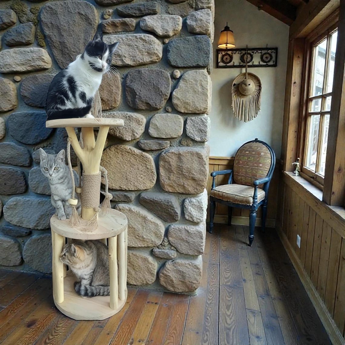 Wooden Cat Scratching Post With House Rustic Cat Tree Farmhouse Cat ...