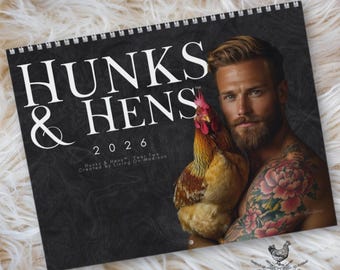 Kycklingväggkalender | Hunks & Hens™ 2026 | Bondgårdsinredning | Alla hjärtans dag-present till henne