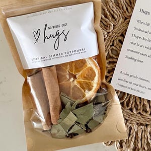 May include: A brown paper pouch of botanical simmer potpourri containing dried orange slices, cinnamon sticks, and bay leaves. The label reads "NO WORDS, JUST hugs" and "BOTANICAL SIMMER POTPOURRI". A white card with the text "Hugs" is included.