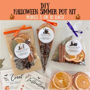 May include: Three DIY Halloween simmer pot kits in clear and brown pouches with orange and purple ribbons. Labels read Midnight Harvest, Twilight Spice, and Enchanted Brew. Includes dried orange slices, cinnamon sticks, and spices with instructions.