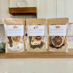 May include: Three stand-up kraft paper pouches containing botanical simmer potpourri. The labels read Summer Breeze with orange, coconut, cinnamon, rosemary; Tropical Summer with pineapple, lemon, mint, juniper berries; and Summer Citrus with grapefruit, orange, vanilla, thyme, peppercorns.