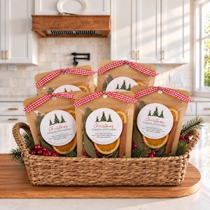 May include: Five kraft paper pouches of Christmas simmer potpourri in a woven basket. Each pouch features a red and white gingham ribbon, a round label with a Christmas tree graphic, and text reading Christmas Simmer Potpourri, containing dried orange slices, cinnamon sticks, and greenery.