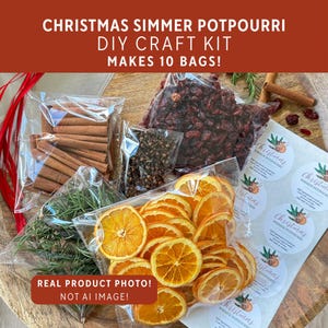 May include: A Christmas simmer potpourri DIY craft kit containing clear plastic bags filled with dried orange slices, cranberries, cinnamon sticks, cloves, and rosemary sprigs, plus a sheet of circular labels with the text Christmas Simmer Potpourri.