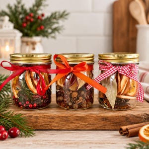 May include: Three clear glass mason jars with gold lids, each filled with dried orange slices, spices, and greenery. The first jar has a red ribbon, the second an orange ribbon, and the third a red and white checkered ribbon tied around the neck.