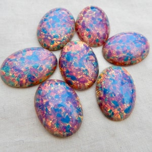 2 Vintage Glass Cabochon Pink Fire Opal Stones Harlequin 25x18mm S-12-R