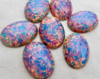 2 Vintage-Glascabochon-Steine, rosa Feueropal, Harlekin-Muster, 25 x 18 mm, S-12-R