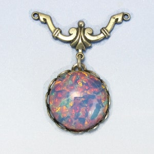 Vintage Glass Opal Pink Fire Opal cabochon Connector with Filagree in Antique Silver Link Bead