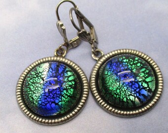 Vintage Glass Earrings Blue Green Glass Opal in Silver settings J-3