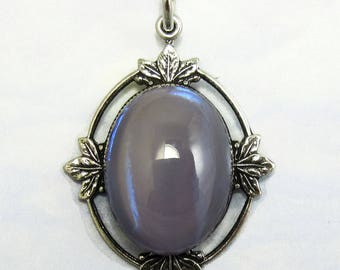 Purple Opal Cabochon Vintage Glass Pendant in Silver Art Deco D-45