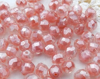 50 pcs 8mm Glass Beads Satin Peach Round Faceted Czech Fire polished B-60
