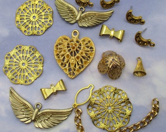 Gold Heart Charms Steampunk Brass Filagree Wings Cast Charms Lot 23