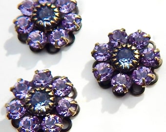 Crystal Rhinestone Flower Lavender Purple Swarovski Charm Filagree Connector set stones F108