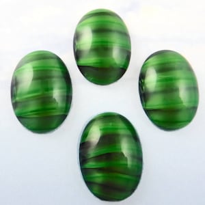 Vintage Glass Cabochons 4 pcs 25x18 Green Stripe Stones S-365