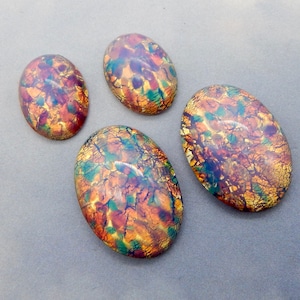 Glass Opal Stones Cabochon 4 pcs 25x18  18x13mm Vintage Pink Fire Opal Harlequin LOT 83