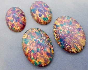 Glass Opal Stones Cabochon 4 pcs 25x18  18x13mm Vintage Pink Fire Opal Harlequin LOT 83