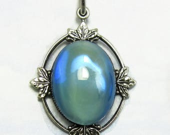 Vintage Glass Pendant Blue Opal Cabochon in Silver Art Deco Setting D-44