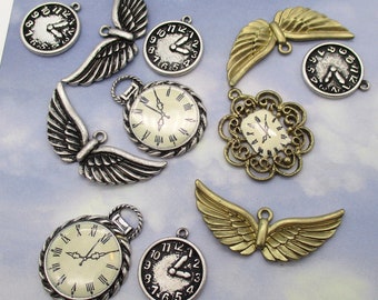 Silver Charms Steampunk Clocks Wings Cast Charms Antique Silver Lot 24