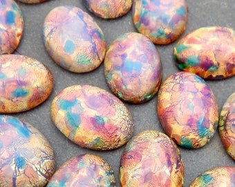Vintage Glascabochon, 4 Stück, 18 x 13 mm, rosa Feueropal, Harlekin, S-15 Y