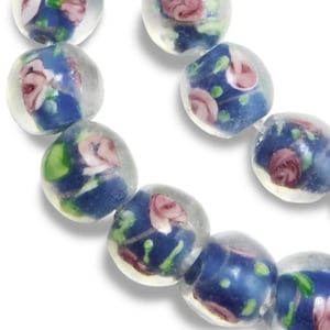 16 pcs Blue Floral Glass Beads Lamp Work 12 mm Large Floral Glass B-190