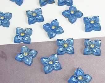 10 Blue Flower Glass Cabochons, Vintage German 1950s Rhinestone Center (9mm) S-186