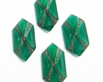 Art Deco Glass Cabochon Faceted Rare Vintage Jade Markasite Stones  4 pcs S-422