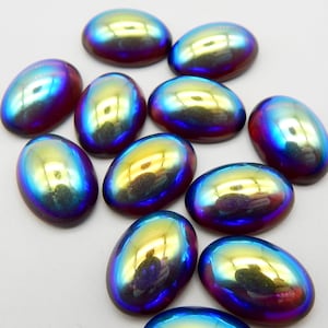 14x10 Vintage Glass Cabochons 6 pcs Purple AB Oval Stones S-49