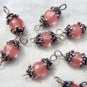 Cherry Quartz Drops Siler Bead Cap 8mm faceted  beads wire wrapped in sterling silver A 217