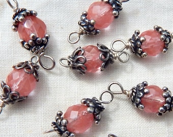 Cherry Quartz Drops Siler Bead Cap 8mm faceted  beads wire wrapped in sterling silver A 217