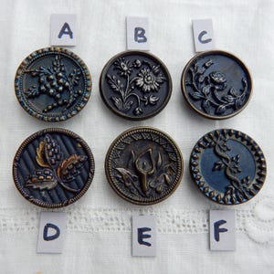 May include: Six antique buttons with detailed embossed designs. The buttons feature floral, botanical, and geometric patterns in shades of bronze, blue, and gold. Each button is round and has a unique design, ideal for sewing or collecting.