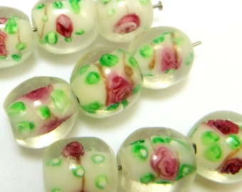 16 pcs Green Floral Glass Beads Lamp Work 12 mm Large Rose B-192