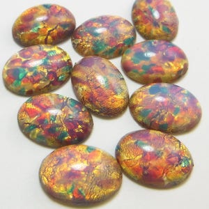 Vintage glass cabochon 4 pcs 18x13 mm pink fire opal harlequin S-15 Y image 5