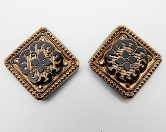 Vintage glazen cabochons, zeldzame vierkante stenen, 2 stuks S-30 brons
