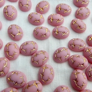 Glass Cabochon 10x8mm Vintage Stones Pink Crackle 6 pcs S-546
