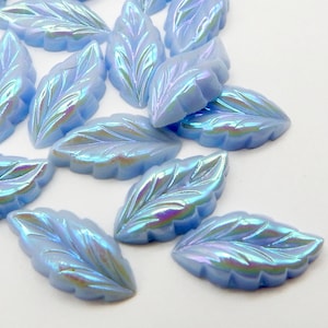 Light Blue Vintage Glass Stones Rare  Leaf Cabochons 6 pcs 15x8mm  S-130
