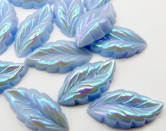 Light Blue Vintage Glass Stones Rare  Leaf Cabochons 6 pcs 15x8mm  S-130