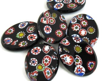Vintage Glass Cabochons 2 pcs 25x18 Black Millefiori Vintage Glass Cabochon Stones S-299 2pc
