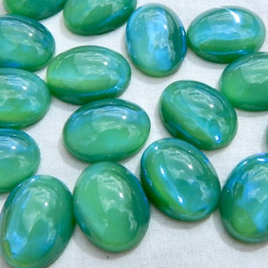 Vintage Glass Cabochon 6 pcs 16x12 Rare Iridescent Green Opal Stones S-271 Vintage